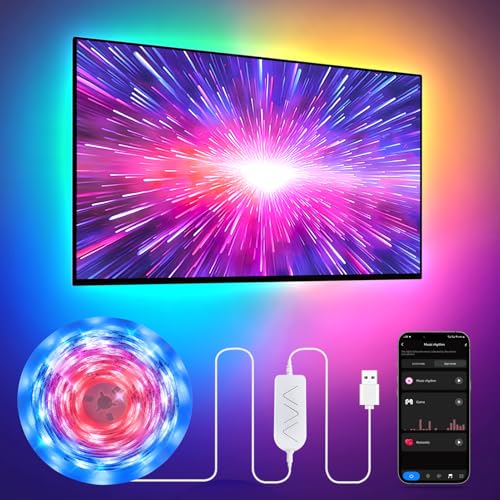 9.84ft RGB+IC LED Lights for 32-43 Inch TV, Backlight Strip Behind TV with Music Sync, Bluetooth APP and Voice Control, 44 Scene Modes, for Ambient Mood Lighting, Monitor Game, Bedroom, Living Room - size: 9.84FT