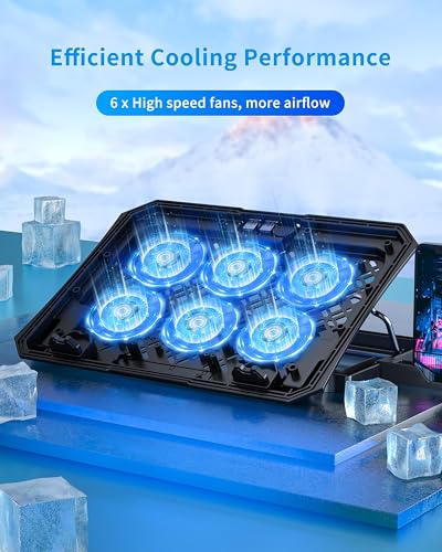 AICHESON Laptop Cooling Pad for 12-15.6 Inch, 6 Cooler Fans, Blue Lights | Laptop Cooling Stand with 2 USB Ports, Adjustable Heights Base