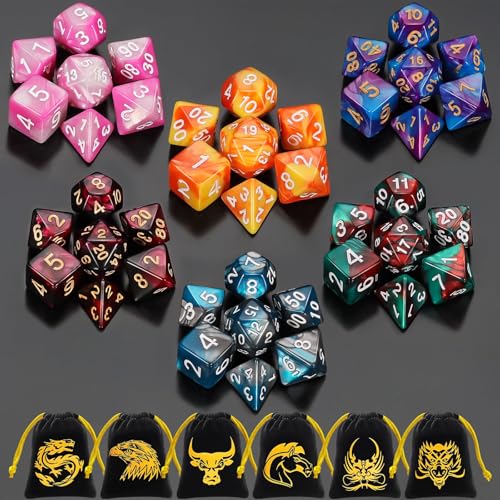 QMay DND Dice Sets - 6 X 7 Polyhedral Dice (42pcs) with 6 Drawstring Bags for Dungeons and Dragons, RPG, MTG,Role Playing Table Game - color: 6 Sets-42pcs