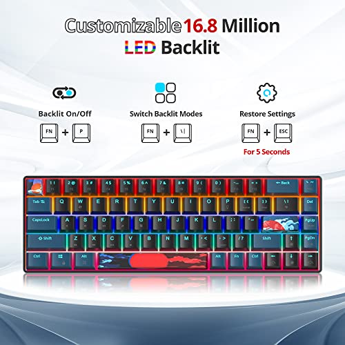60 Percent Gaming Keyboard Mechanical with Linear Red Switch, 65% Wired Ultra-Compact Mini Keyboard Rainbow with PBT Keycaps for Ps4/Ps5/Xbox(68 MonsterB) - color: 68 Monster/Red Swicth