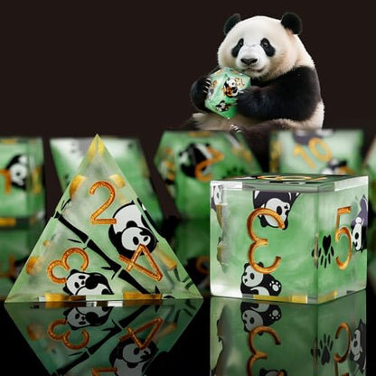 Haxtec Panda DND Dice Set Green Sharp Edge Resin Dice Set with Dice Case, Animal Sticker D and D Dice Polyhedral D&D Dice Set for Dungeons and Dragons TTRPGs DND Gift - color: Green Black