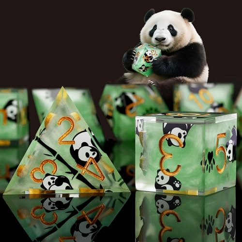 Haxtec Panda DND Dice Set Green Sharp Edge Resin Dice Set with Dice Case, Animal Sticker D and D Dice Polyhedral D&D Dice Set for Dungeons and Dragons TTRPGs DND Gift - color: Green Black