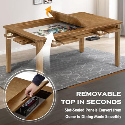 63"x39" Board Game Table with Removable Top Solid Wood Dining/Gaming Table | Gaming Table for 4-6 Players with Play Mat, 6 Detachable Cup Holders & 6 Hobby Trays (Light Walnut) - color: Light Walnut