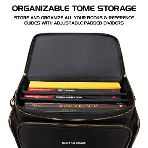 ENHANCE Tabletop DnD Bag - RPG Adventurer's Dungeons and Dragons Accessories Bag with Miniatures Storage, Mat Holder, DnD Dice & Token Pockets, Fits 4-8 DnD Books, DM Guide, Player's Handbook (Black) - color: Black And Bronze