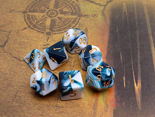 D&D Dice Set Teal White Dice for Dungeon and Dragons DND 7-Die RPG Dice D20 D12 D% D10 D8 D6 D4 - color: Teal Mixed White
