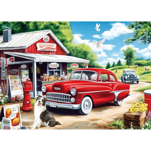 1000 Piece Jigsaw Puzzle for Adults, Cozy Country Store Village Scene with Vintage Car and Border Collie, Nostalgic Small Town Landscape Puzzle, 28 x 20 Inch