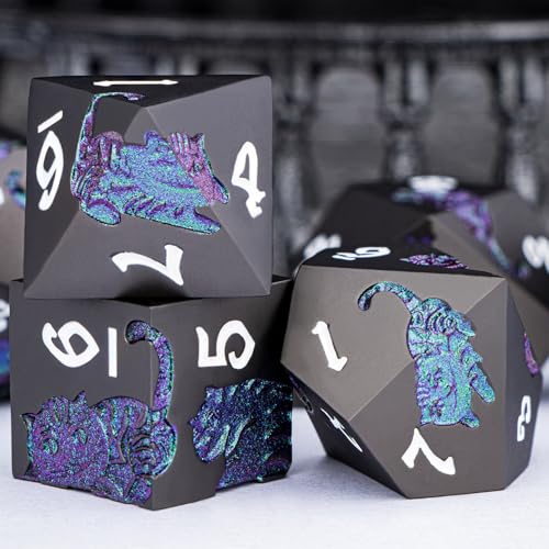 Metal DND Cat Dice 7PCS Polyhedral RPG Dice Set with Gift Case for Dungeons Dragons Role Playing Game, D and D Dice D6 D8 D10 D12 D20 D% (Purple Green) - color: Cat-purple Green&black