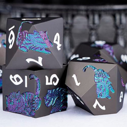 Metal DND Cat Dice 7PCS Polyhedral RPG Dice Set with Gift Case for Dungeons Dragons Role Playing Game, D and D Dice D6 D8 D10 D12 D20 D% (Purple Green) - color: Cat-purple Green&black