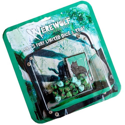 Renegade Game Studios Werewolf: The Apocalypse Luna's Fury Dice & Tray | Limited 5th Edition pack with 17 polyhedral dice, 5 rage dice, folding travel tray, and 5 illustrated Garou form cards