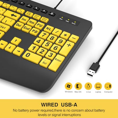 SABLUTE Large Print Keyboard Wired Computer Keyboards with Wrist Rest, Phone Holder, Big Letters Easy to Read Compatible Windows, Desktop, Laptop, Yellow - color: Yellow&Black