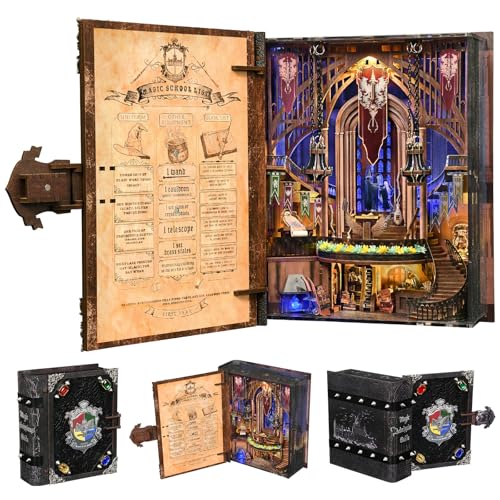 MiniCity Magic Admissions Book Nook Kit, Wooden Miniature House with LED | Open the book-style case to reveal a magic academy; 248-piece LED model includes dust cover, glue/tools and guide, ages 14+. - style: Magic Admissions Guide