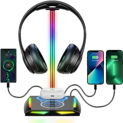 New Bee RGB Headphone Stand with 2 USB-C & 1 USB Charging Ports, Desk Gaming Headset Holder with 7 Light Modes and Non-Slip Rubber Base Suitable for All Earphone Accessories | 2 USB-C & 1 USB Charging Ports, 7 Light Modes, All Earphone Accessories