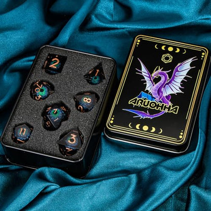 ARUOHHA DND Dragons Eye Dice Liquid Core Blue Green Resin Sharp Edged Dice Set with Gift Box, Compatible with D&D Role Playing Game, Dungeons Polyhedral D and D Dice D20 D12 D10 D8 D6 D4 - color: Yy03-blue Green