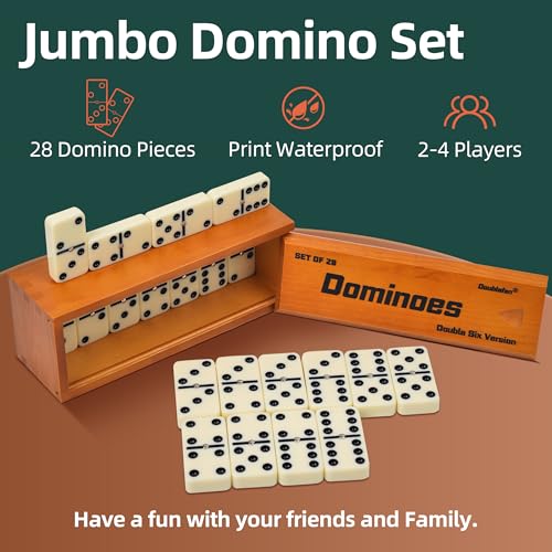 Doublefan Jumbo Dominoes for Adults, Double 6 Domino Set in Prime Wood Box | For 2-4 players, 55 Ivory Jumbo Domino tiles, Metal spinners, Deluxe wood case, family game, board game, Gift choice - style: Jumbo