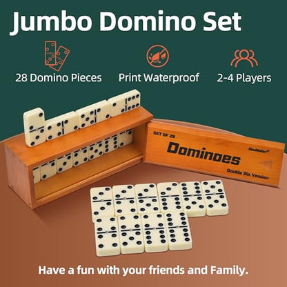 Doublefan Jumbo Dominoes for Adults, Double 6 Domino Set in Prime Wood Box | For 2-4 players, 55 Ivory Jumbo Domino tiles, Metal spinners, Deluxe wood case, family game, board game, Gift choice - style: Jumbo