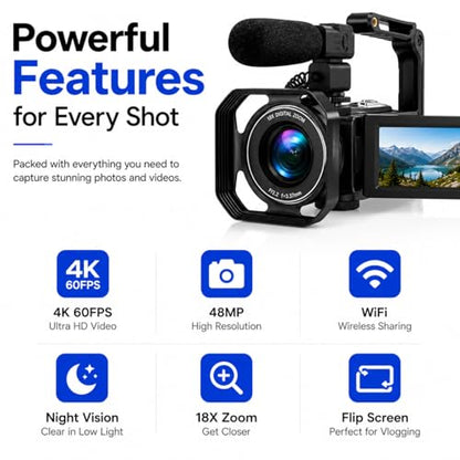 Acuvar 4K Video Camera Camcorder 60FPS 48MP with WiFi, 18X Zoom, Flip Screen, External Mic, Stabilizer & Tripod – Vlogging Camera Kit with 2 Batteries, Dual Charger & 64GB SD Card for YouTube - style: Elite Kit