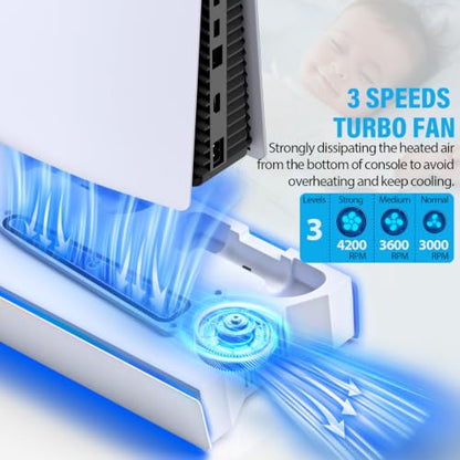 Slim Cooling Station Stand LED with Dual Controller Charging Station for PlayStation 5 Console, PS 5 Accessories Incl. Controller Charger, Cooling Fan, Headset Holder, 3 USB Hub- LED White - color: RGB WHITE