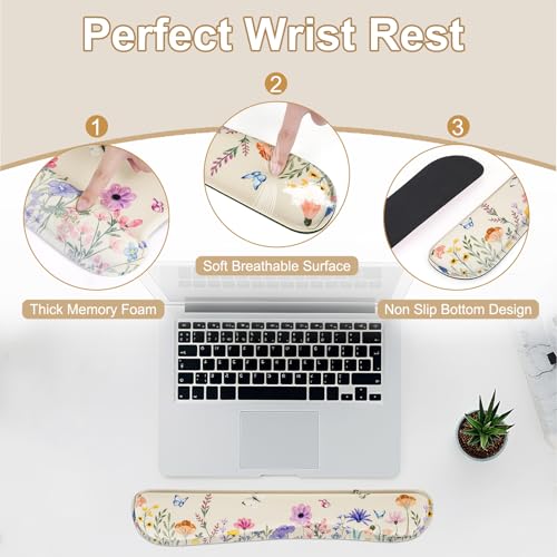 MEGREZ 4-in-1 Mouse Pad with Wrist Rest Ergonomic Memory Foam Desk Mat Set | ergonomic, anti-slip base, 4pcs set, desk pad, mouse wrist rest, keyboard rest, coaster, ideal for office & gaming - color: Light Beige