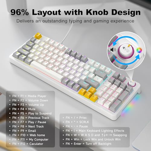 GEEZER AK96 Mechanical Gaming Keyboard, Pre-Lubed Red Switches, 96 Keys Full Size with LED Colorful Backlit, Clicky Creamy Sound, USB Wired Computer Keyboard with Volume Knob for PC, Mac, Windows