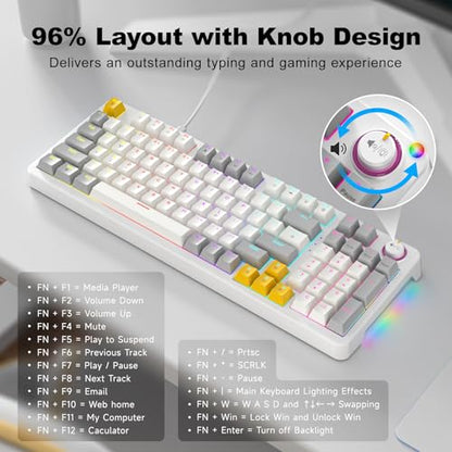 GEEZER AK96 Mechanical Gaming Keyboard, Pre-Lubed Red Switches, 96 Keys Full Size with LED Colorful Backlit, Clicky Creamy Sound, USB Wired Computer Keyboard with Volume Knob for PC, Mac, Windows