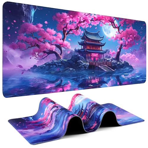Mouse Pad Gaming - Desk Mat for Keyboard and Mouse - Large Mouse Pads for Desk, Gaming Mousepad with Non-Slip Base, Desks Pad (31.5" X 11.8") for Game, Office and Home - color: Cherry Blossom Full Moon - 15, size: 31.5L x 11.8W inches
