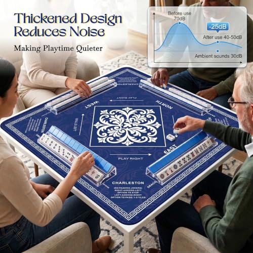 KJGNHQA Blue Mahjong Mat with Rules for Table 32.5"x32.5" | American Mahjong Mat,Printed Rules,Anti-Slip,Noise-Reducing ,Carrying Bag for Poker,Board Games,Dominoes,Cards,Tile Games - color: Blue