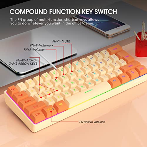Snpurdiri 60% Wired Gaming Keyboard, RGB Backlit Ultra-Compact Mini Keyboard, Waterproof Mini Compact 61 Keys Keyboard for PC/Mac Gamer, Typist, Travel (Orange and Cream) | Backlit Ultra-Compact Mini Gaming Keyboard for PC/Mac Gamer, Typist, Travel - colo