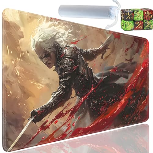 Playmat for MTG, 24x14 Inches Playmats, for TCG and CCG Trading Card Game Mat, Non-Slip Rubber for MTG Playmats with A Storage Bag and 6 Dice Set, Anime Samurai Pattern - color: Yu-Playmat-1-C63