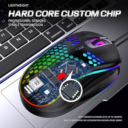 Honeycomb Wired Gaming Mouse, 65g Ultra Lightweight Ergonomic Computer Mouse with RGB Breathing Light, 7200 DPI Max, Widened Side Buttons for PC Mac Laptop Gamers, Esports & Home Office (Pink) - color: Pink