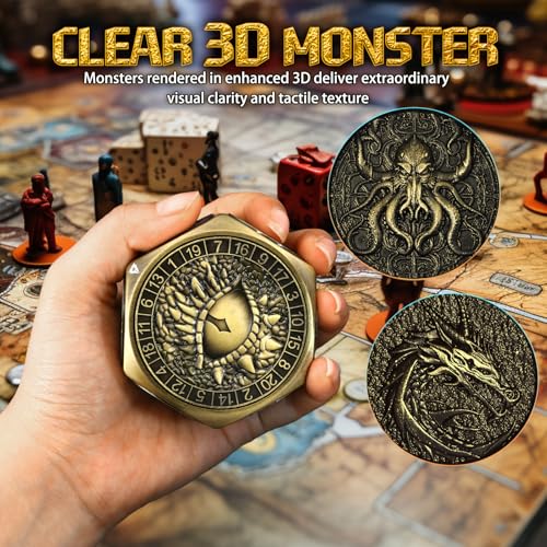 ZHOORQI 8-in-1 DND Dice Set – Metal Spinner Dice with Dual D20, 3D Monster Engravings & Smooth Spinning – Perfect for TTRPG, D and D Dungeons and Dragons Gifts (Bronze) - color: Bronze