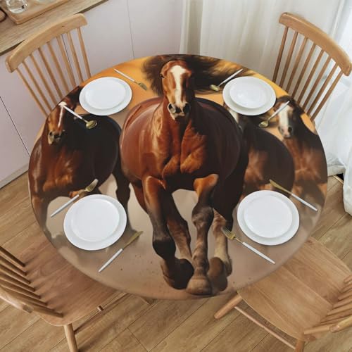 Famame Running Dust Brown Horse Round Fitted Tablecloth with Elastic Protector Table Kitchen Dinner Waterproof Oil-Proof Table Covers Fits 40"-44", Small - color: Running Dust Brown Horse, size: 2" (Round)