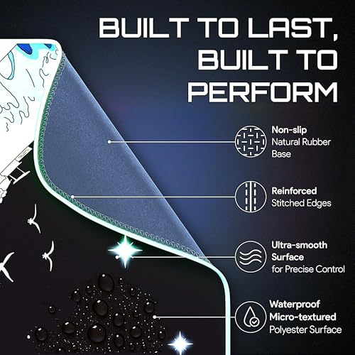 Gerlos RGB Gaming Mouse Pad, Large LED Desk Mat, 31.5 x 11.8 Inch | 12 light modes, non-slip base, water-resistant surface, stitched edges - color: Wave