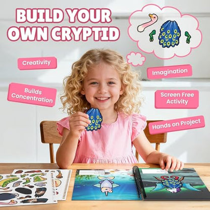 PARTYWIND Cryptid Construction Kit Sticker Book for Kids Age 3-5 | Build Your Own Animals, 16 Scenes, 11 Sheet Stickers, Airplane Travel Toys Essentials for Boys & Girls, Toddler Sticker Book
