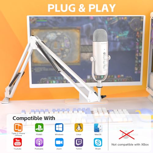 ZealSound Gaming Microphone for PC, USB Podcast Microphone with Noise Reduction, Mute & Gain Control, Zero-Latency Monitoring, Echo Control, Boom Arm, for Mac, iPhone, Stream, YouTube, TikTok (White) - color: White