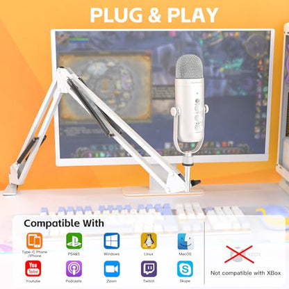 ZealSound Gaming Microphone for PC, USB Podcast Microphone with Noise Reduction, Mute & Gain Control, Zero-Latency Monitoring, Echo Control, Boom Arm, for Mac, iPhone, Stream, YouTube, TikTok (White) - color: White
