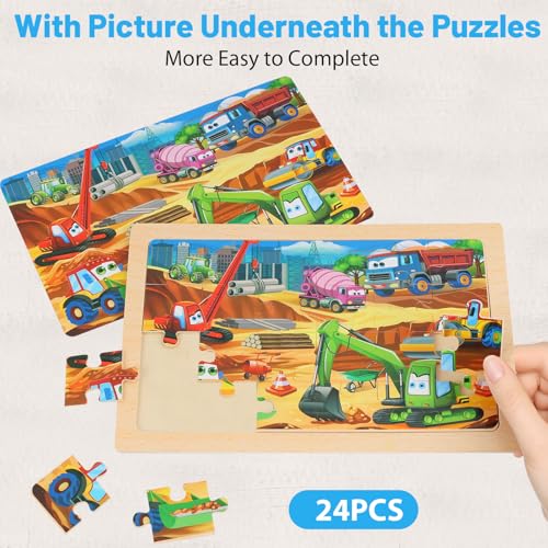 Puzzles for Kids Ages 4-6, 4-Pack 24-Piece Wooden Kids Puzzles | Construction Vehicle Themes | Educational Puzzles for Kids Ages 3-5, Age-Appropriate Learning Toys, Ages 3+ - color: Vehicles