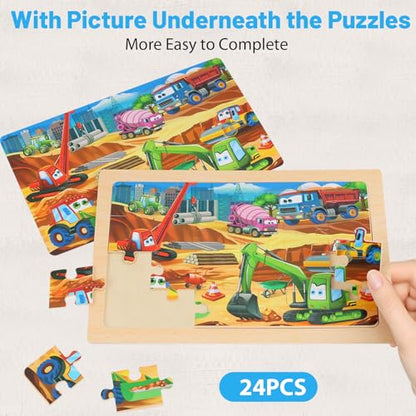 Puzzles for Kids Ages 4-6, 4-Pack 24-Piece Wooden Kids Puzzles | Construction Vehicle Themes | Educational Puzzles for Kids Ages 3-5, Age-Appropriate Learning Toys, Ages 3+ - color: Vehicles