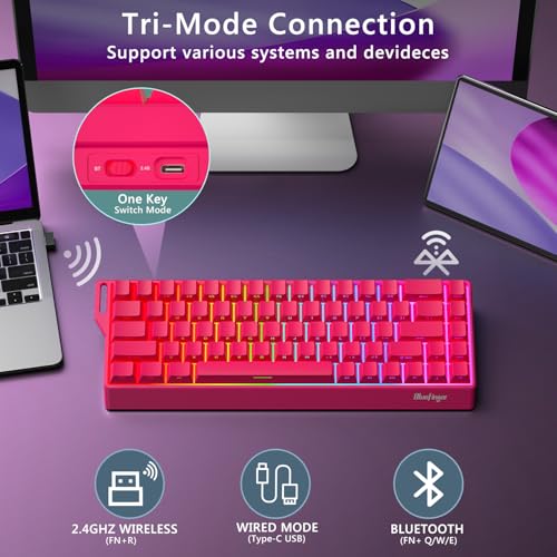 BlueFinger 60% Wireless Mechanical Gaming Keyboard, Bluetooth/2.4GHz/USB-C Hot Swappable RGB Backlit Keyboard with Side-Printed PBT Keycaps, 60 Percent Compact Keyboard for Mac PC PS5 Xbox, Pink - color: Pink