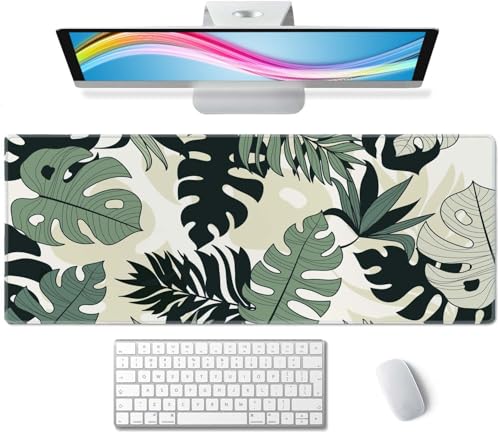 Linear Tropical Leaves Desk Mat, Extended Big Mouse Mat for Home and Office, Large Gaming Mousepad Laptop Keyboard Mat with Non-Slip Rubber Base, Stitched Edges (31.50"x11.8"x0.12") - color: Linear Tropical Leaves
