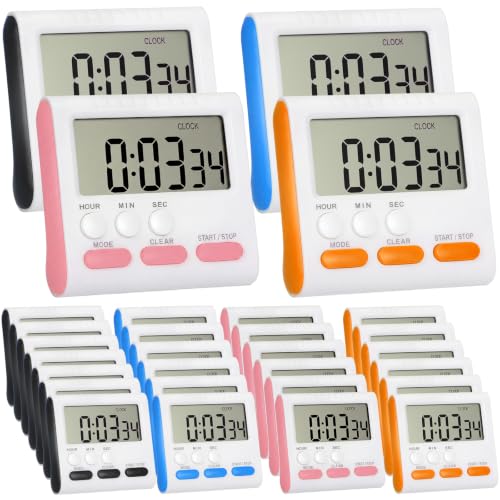 Xuhal 25 Pack Digital Magnetic Kitchen Timer 24 Hour with Clock Bulk Colors | with Hook Switching Count up or Down Memory Function Loud Alarm Big Digit for Baking Office School Classroom supply - color: 4 Colors
