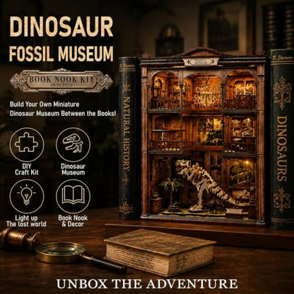 2026 Dinosaur Book-Nook Kits LED 3D Wooden Dino Library Puzzles Fossil Museum Themed Gift for Adults&Teen Kids DIY Miniature House Diorama- Bookshelf Room Decor with LED Softer Light, Bday Present