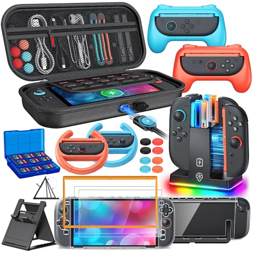 Switch 2 Accessories, Case Bundle with Charger, Grip for Nintendo Switch 2 | FYOUNG [Charge Inside]23 IN 1 Kit Travel Hard Case, Charging Dock,Ergonomic Grip&Steering Wheel for Mario Kart,Tempered Glass - color: Orange Blue