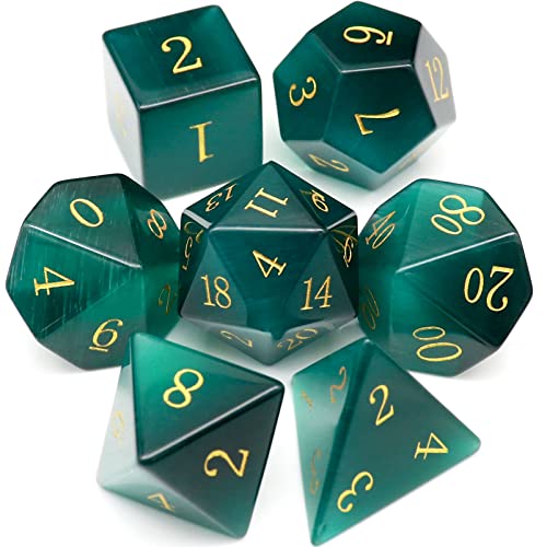 Haxtec Gemstone DND Dice Set Emerald Green Cat Eye Stone Dice with Dice Case Compatible with Dungeons and Dragons Role Playing Games DNDGift - color: Green