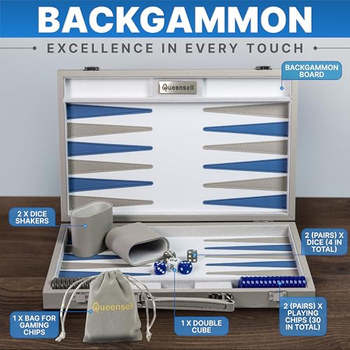 Large Gray Backgammon Set for Adults - Classic Board Game for 2 Players Adults and Kids - Premium 15 Inch Backgammon Board with 32 Playing Pieces in Quality PU Leather Case - style: Premium Grey
