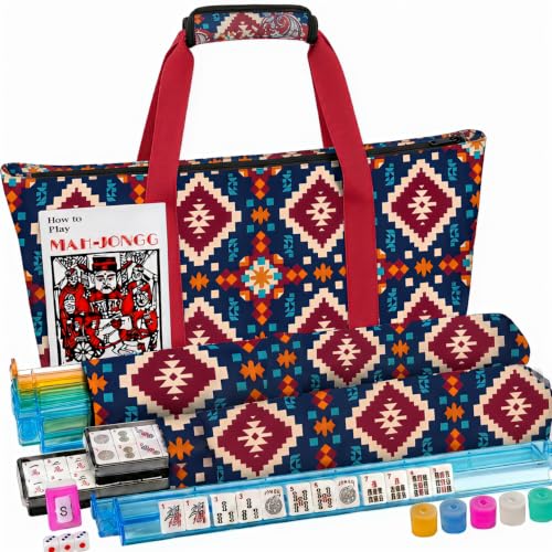 zhiyu&art decor American Mahjong Tile Set with Navy Printed Carrying Bag,166 Premium Pink Tiles,4 All-in-One Color Racks/Pushers, Mah Jongg Sets,Complete Mahjong Game Set for Travel