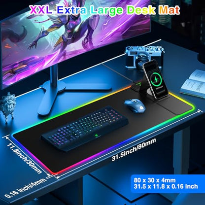 XL RGB Gaming Mousepad, 25 Lighting Effects, 15W Fast Charging, Phone Stand | 31.5"x11.8" Extended Keyboard Mat Pad with Stitched Edges, Ultra-Smooth Waterproof Surface, Non-Slip Base - color: RGB-Magnetic Stand-31.5"x11.8"-Right