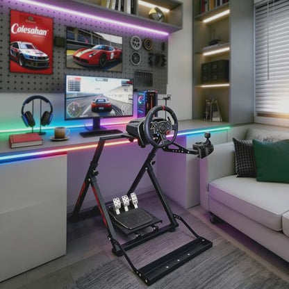 Qvwzd Racing Wheel Stand Foldable Height Adjustable Steering Wheel Stand Portable Racing Simulator Cockpit Metal Frame Universal Fit for Logitech G29 G920 G923 G27 G25 Thrustmaster T300RS T248 T150 T500 Xbox PS4 PS5 PC Square Tube Stand With Chair Slot