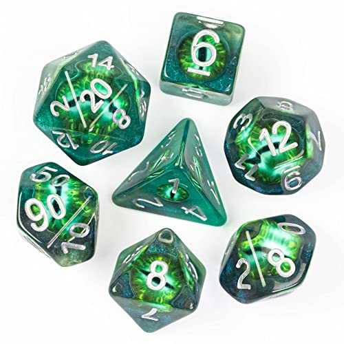 Cusdie 7-Die DND Dice, Polyhedral Dice Set Filled with Eyeball, for Role Playing Game D&D Dice(Green Eyeball) - color: Green Eyeball