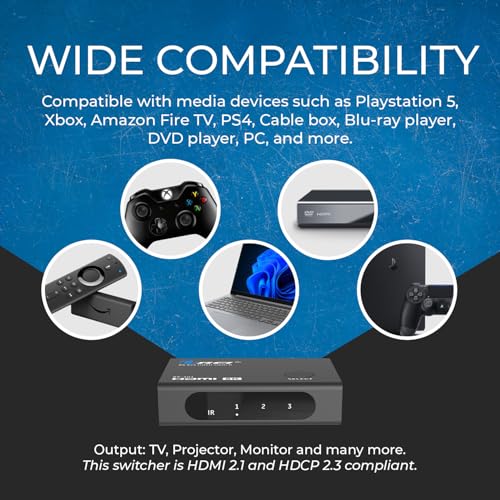 OREI 8K 3-Port HDMI 2.1 Switch, 3-in 1-Out, 8K@60Hz, CEC, HDR, IR Remote | hdmi switch with remote, hdmi switcher 3 in 1 out, 48Gbps, HDCP 2.3, 4K@120Hz/165Hz, PS5/Xbox - size: 3x1 8K HDMI Switch