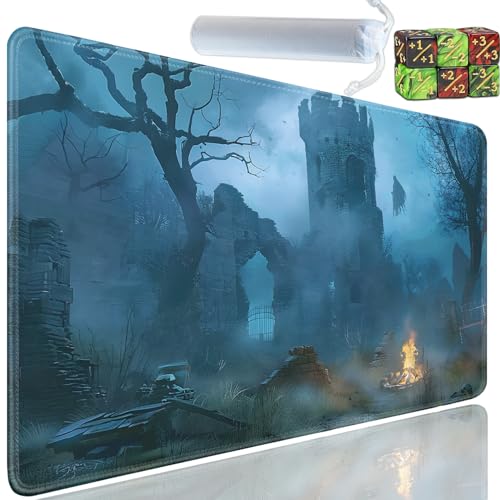 Playmat for MTG, 24x14 Inches Playmats, for TCG and CCG Trading Card Game Mat, Non-Slip Rubber for MTG Playmats with A Storage Bag and 6 Dice Set, The Walls After The Battle Pattern - color: Yu-Playmat-1-D100